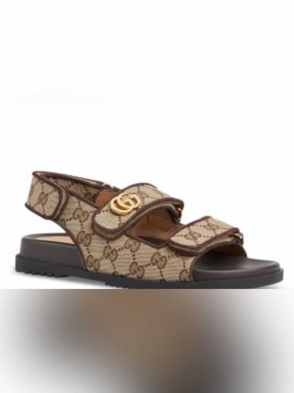 Gucci Beige Brown GG Canvas Double-Strap Sandal with Gold Logo